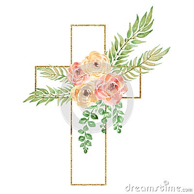 Watercolor Easter Cross Clipart, Spring Floral Arrangements, Baptism Crosses DIY Invitation, Greenery Easter clipart, Golden frame Stock Photo