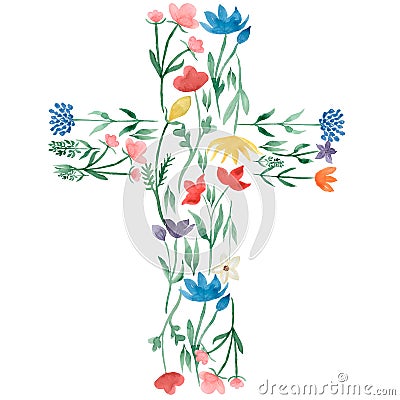 Watercolor easter cross clipart. spring wildflower baptism cross illustration, festive composition. meadow flowers, summer field Cartoon Illustration