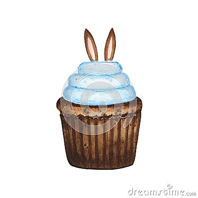 Watercolor Easter cupcake decorated with bunny ears Cartoon Illustration