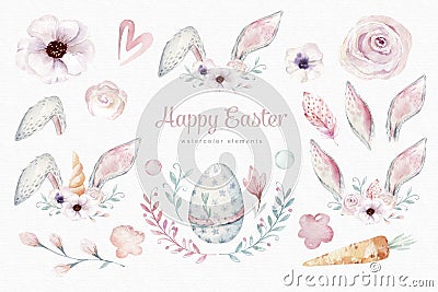 Watercolor Easter elements, Spring blossom, branch, Easter eggs, colorful eggs, bunny and bannies ears. rabbit Stock Photo