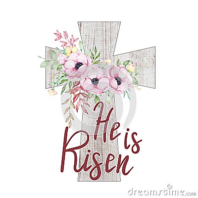 Watercolor Easter floral wooden cross clipart on a white background with an inscription He is Risen Vector Illustration