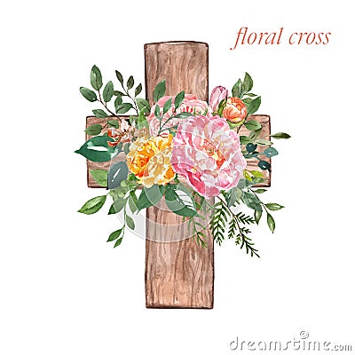 Watercolor Easter flower cross illustration. Rustic wooden cross wreath and beautiful pink flowers with green leaves for Easter Stock Photo