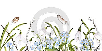 Watercolor easter illustration of bouquet of snowdrops, branches of pussy-willow, forget-me-nots, feathers, horizontal Cartoon Illustration