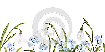 Watercolor easter illustration of bouquet of snowdrops, forget-me-nots, horizontal banner on white background Cartoon Illustration