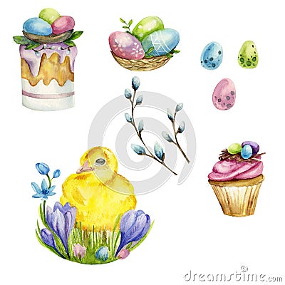 Watercolor easter illustrations set :easterbread, easter eggs, easter chicken, easter muffin Cartoon Illustration