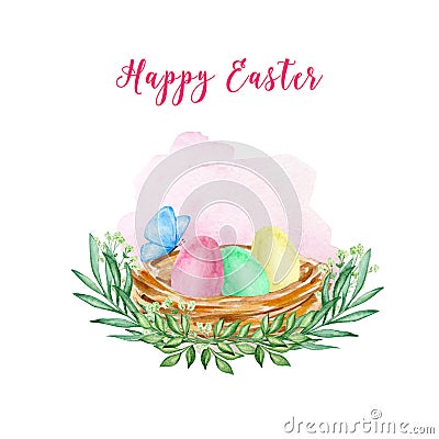 Watercolor easter nest with easter eggs Stock Photo