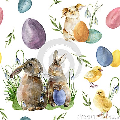 Watercolor easter pattern with rabbit and chick. Holiday ornament with bunny, bird, colored eggs and snowdrops isolated Cartoon Illustration