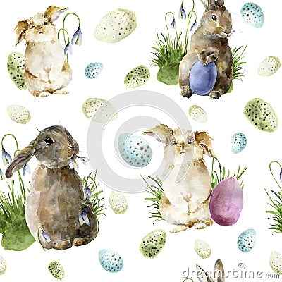 Watercolor easter pattern with rabbit. Holiday ornament with bunny, colored eggs and snowdrops isolated on white Cartoon Illustration