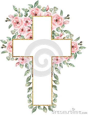 Watercolor Easter Pink flowers Cross Clipart, Delicate Peony Florals Frame Clip art, Hand painted Pink Baptism Crosses, Wedding Cartoon Illustration