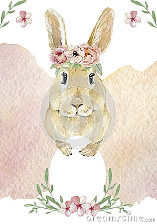 Watercolor Easter rabbit. Hand drawn cute animal forest anf flowers. Watercolor painting funny bunny, honey. Baby animal illustrat Cartoon Illustration