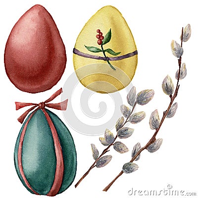 Watercolor Easter set with bright eggs and willow branch. Hand painted willow and festive eggs with decor. Holiday Cartoon Illustration