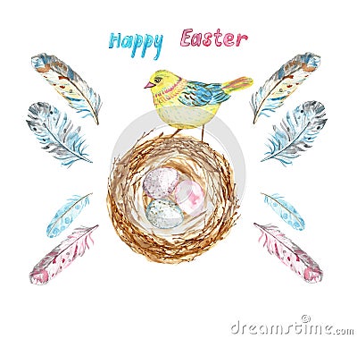 Watercolor Easter set with chick bird, nest with colored eggs and assorted feathers. Stock Photo