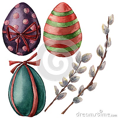 Watercolor Easter set with eggs and willow branch. Hand painted willow and bright eggs with decor. Holiday Cartoon Illustration