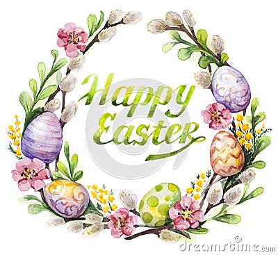 Easter wreath with easter eggs and flowers Stock Photo