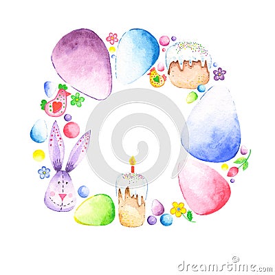 Watercolor Easter wreath with eggs, easter bunny, rabbit, hens Stock Photo