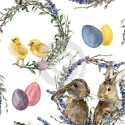 Watercolor easter wreath pattern. Hand painted rabbit, chicken with lavender, willow, tulip, color eggs, butterfly and Cartoon Illustration