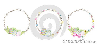 Watercolor Easter wreath Set, isolated on white background. Hand painted Round frame with pussy willow branch, spring Stock Photo