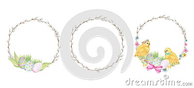 Watercolor Easter wreath Set, isolated on white background. Hand painted Round frame with pussy willow branch, spring Stock Photo