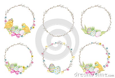 Watercolor Easter wreath Set, on white background. Hand painted Round frame with pussy willow branch, spring Stock Photo