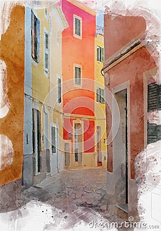 Watercolor effect image of brightly painted traditional houses on a cobbled quiet empty sunlit street in ciutadella menorca Stock Photo