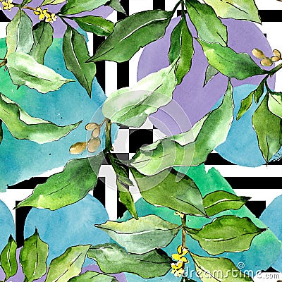 Watercolor elaeagnus green leaves. Leaf plant botanical garden floral foliage. Seamless background pattern. Stock Photo