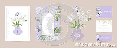 Watercolor elderberry and butterfly floral wedding card. Vector white spring flowers invitation Vector Illustration