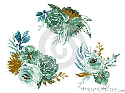 Watercolor elegance modern bouquet green teal blue black golden flower blossom and leaves on white Stock Photo