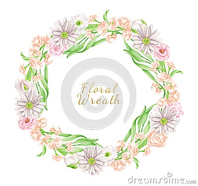 Watercolor elegant floral wreath. Hand drawn round frame with blush and peach color flowers, leaves isolated on white Stock Photo