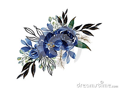 Watercolor elegant vintage navy indigo blue flower bouquet and leaves foliage hand painted Stock Photo