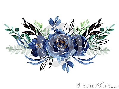 Watercolor elegant vintage navy indigo blue flower bouquet and leaves foliage hand painted Stock Photo