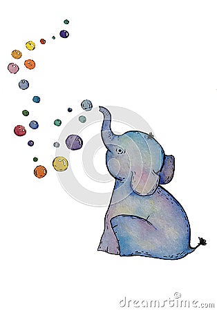 Watercolor elephant with bubbles isolated elements on white background Cartoon Illustration