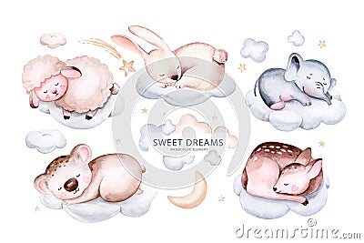 Watercolor elephant hand drawn illustration of a cute baby sheep, lamb, sleeping rabbit and bunny, koala and deer fawn on the moon Cartoon Illustration