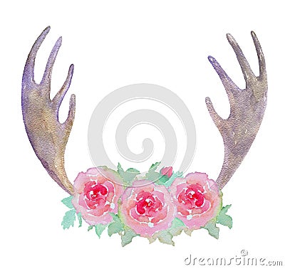 Watercolor Elk Antlers and Pink Roses isolated on white background. Cartoon Illustration