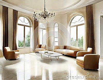 Watercolor of Empty elegant living room with white ed background and marble Stock Photo