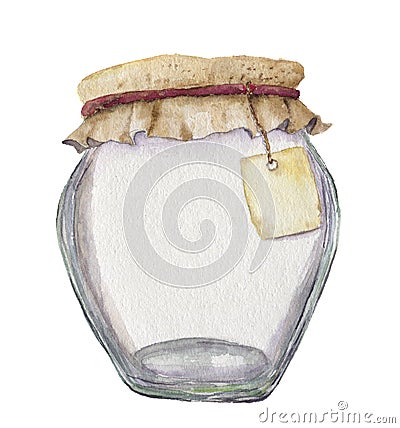 Watercolor empty jar for jam with label for an inscription. Illustration isolated on white background. For design, textile and Stock Photo