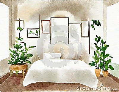Watercolor of Empty picture frames hang above the bedroom with a spacious and potted Stock Photo