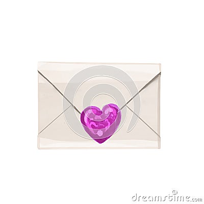 Watercolor envelope with a letter. Seal in the shape of a heart. Postal letter isolated on a white background Cartoon Illustration
