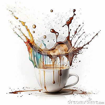 Watercolor espresso cup with splash of milk falling and mixing - Generative AI Stock Photo