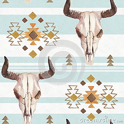 Watercolor ethnic boho seamless pattern of bull cow skull, horns & tribe ornament on blue background Stock Photo