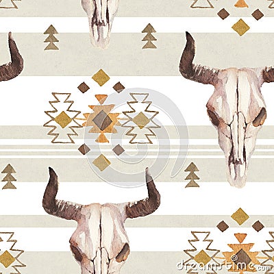 Watercolor ethnic boho seamless pattern of bull cow skull, horns & tribe ornament on bright background Stock Photo