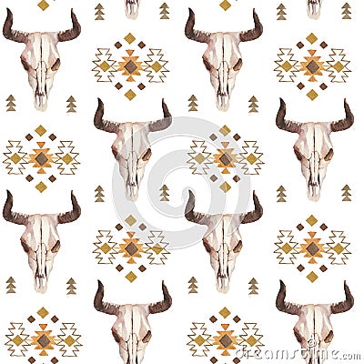 Watercolor ethnic boho seamless pattern of bull cow skull, horns & tribe ornament on bright background Stock Photo