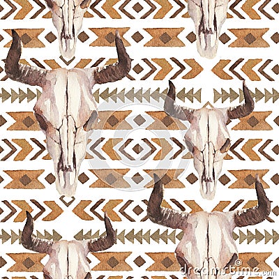 Watercolor ethnic boho seamless pattern of bull cow skull, horns & tribe ornament on white background Stock Photo