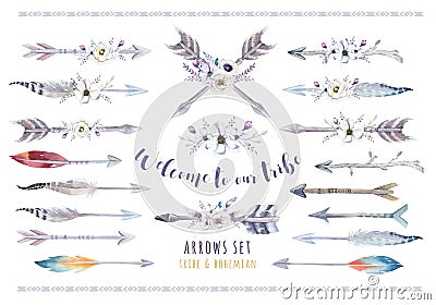 Watercolor ethnic boho set of arrows, feather and flower. Tribe Cartoon Illustration