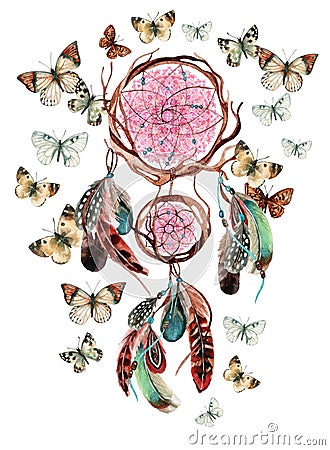 Watercolor ethnic dream catcher. Cartoon Illustration