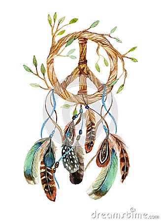 Watercolor ethnic dream catcher and peace sign. Cartoon Illustration