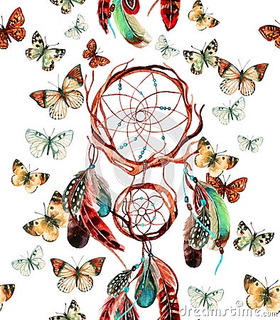 Watercolor ethnic dreamcatcher. Cartoon Illustration