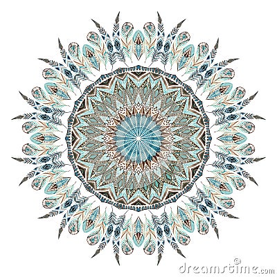 Watercolor ethnic feathers abstract mandala. Cartoon Illustration