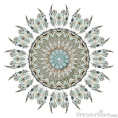 Watercolor ethnic feathers abstract mandala. Cartoon Illustration