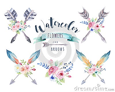 Watercolor ethnic set of arrows and flowers in native American s Cartoon Illustration