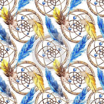 Watercolor ethnic tribal hand made feather dream catcher seamless pattern Stock Photo